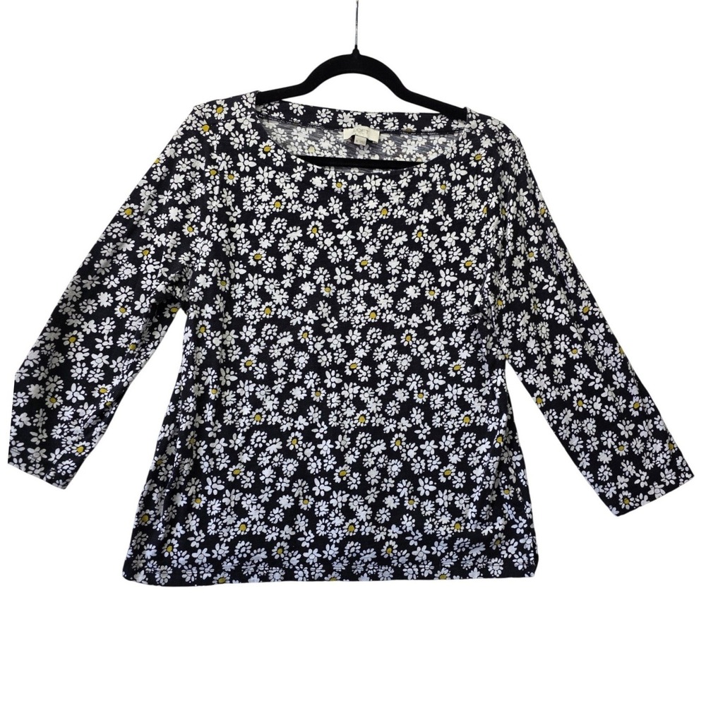 LOFT Outlet Womens XL Black Daisy Floral Cotton 3/4 Sleeve Top